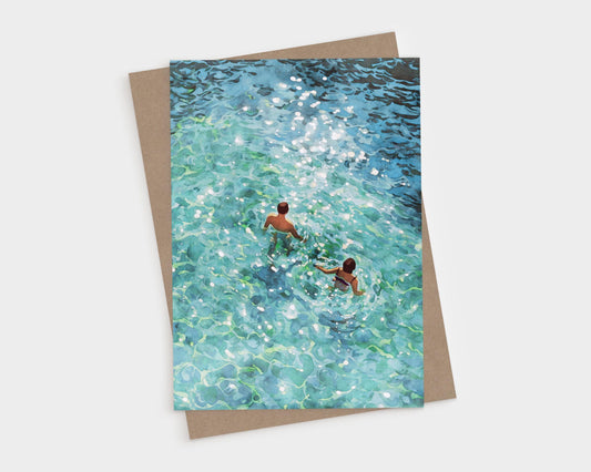 Watercolor-style illustration of two people swimming in clear turquoise water, with sunlight sparkling on the surface and gentle ripples surrounding them.