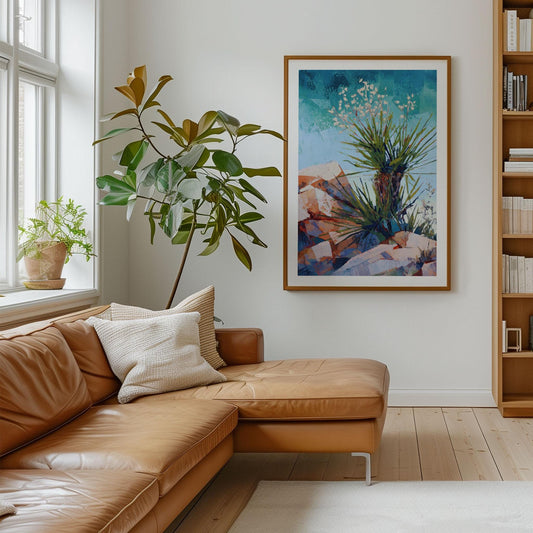 Modern living room with a tan leather sectional sofa, neutral throw pillows, and a potted plant by a bright window. On the wall hangs a framed painting of a desert yucca plant with spiky green leaves, white blossoms, and angular orange-and-blue rocks beneath a turquoise sky, adding a bold pop of color to the minimalist space.