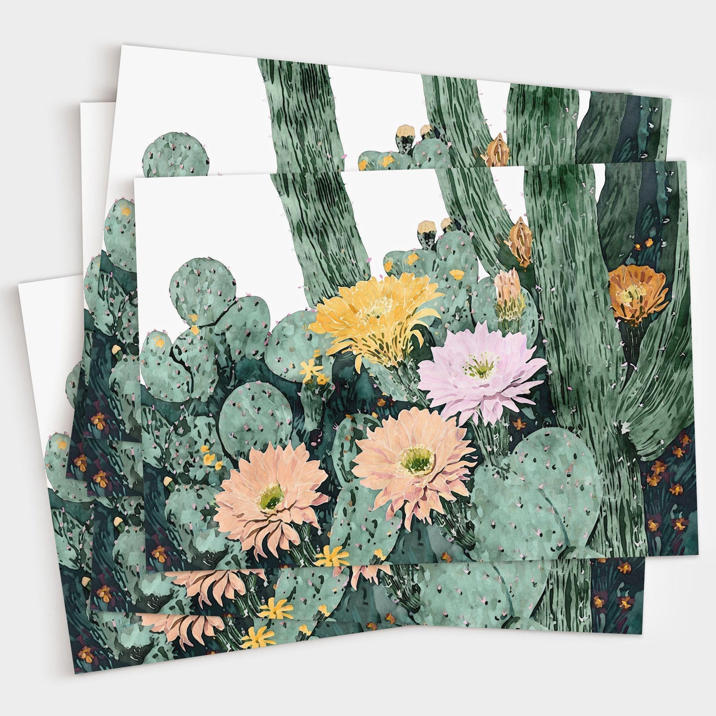Set of greeting cards featuring a watercolor illustration of cacti with blooming flowers in peach, pink, yellow, and orange tones, layered to show multiple cards stacked together on a white background.