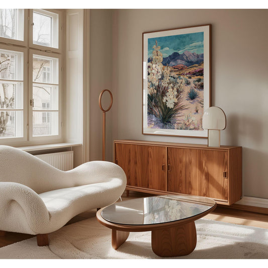 Framed desert landscape painting featuring blooming yucca plants, sandy terrain, and purple mountains under a vivid blue sky, displayed above a wooden sideboard in a modern living room with a sculptural sofa, glass coffee table, and large windows.
