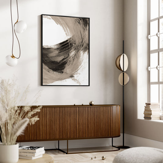 Curved Brushstroke Painting Black and Tan Abstract Print