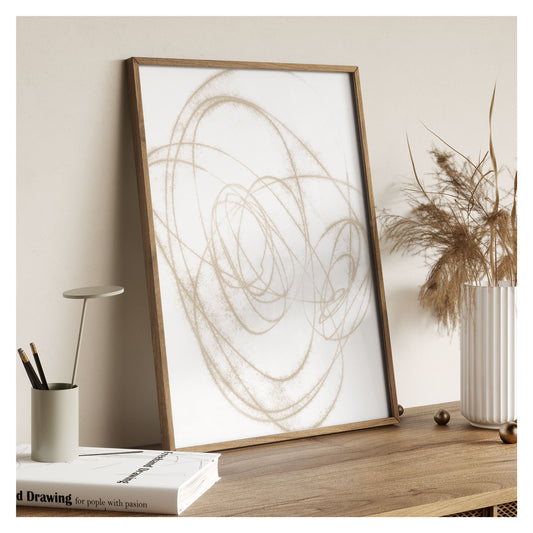 Beige Orbital Geometric Abstract Line Drawing Print