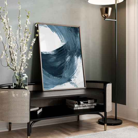 Blue Minimalist Abstract Curved Brush Stroke Painting Print