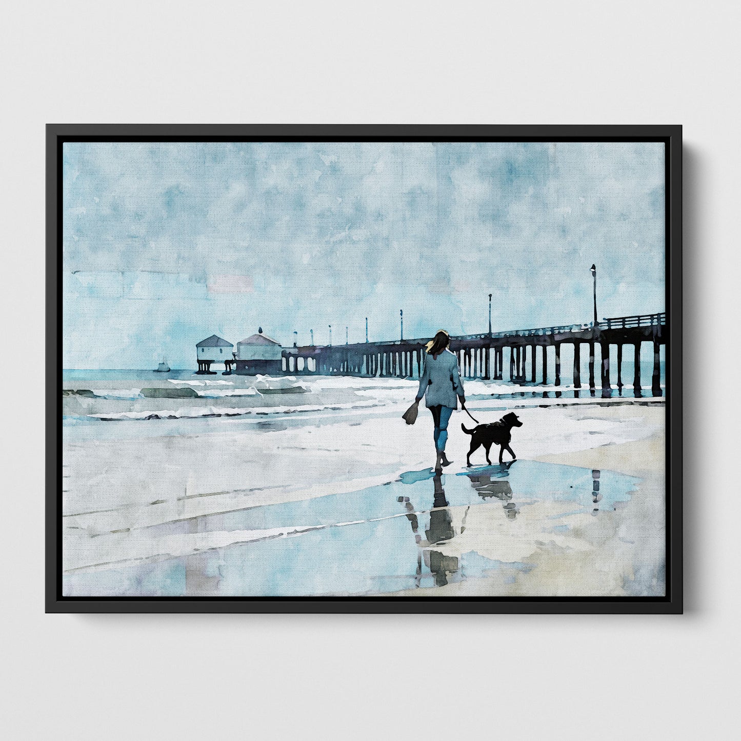 Woman Walking Dog by the Pier Print