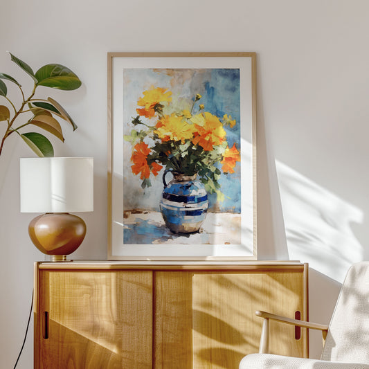 Watercolor painting of yellow and orange marigolds in a blue vase, displayed above a wooden cabinet next to a potted plant and a lamp in a well-lit room.