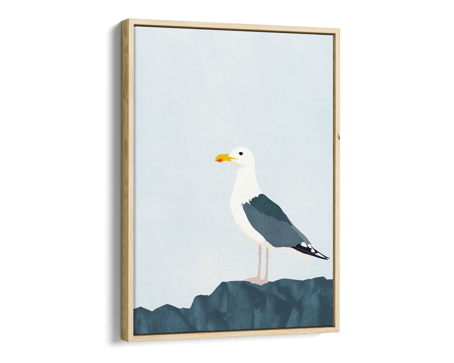 Natural wood framed canvas print of a minimalist illustration of a seagull standing on a dark blue rock against a pale blue background.
