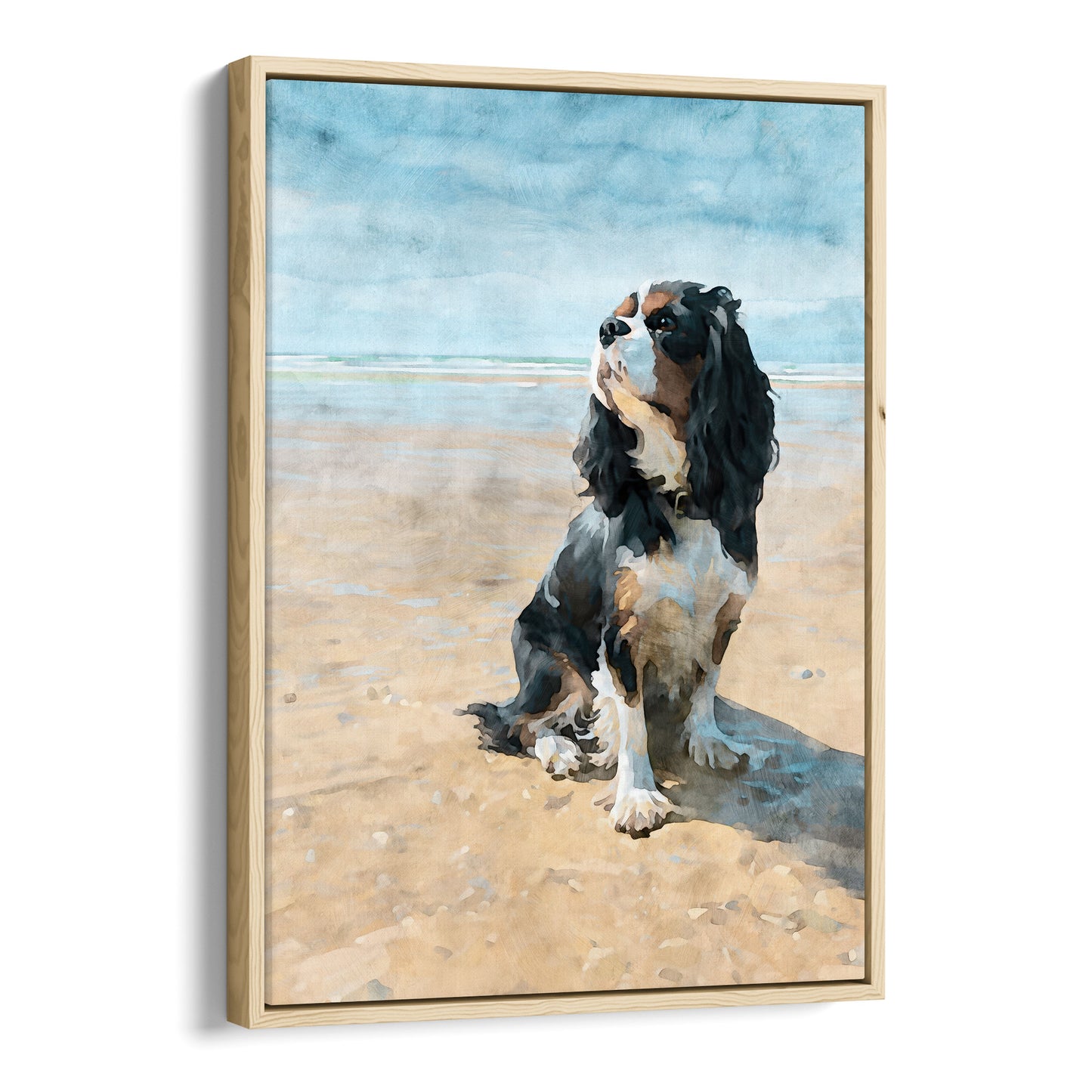 Natural wood float framed canvas print of a tricolor Cavalier King Charles spaniel on a beach
