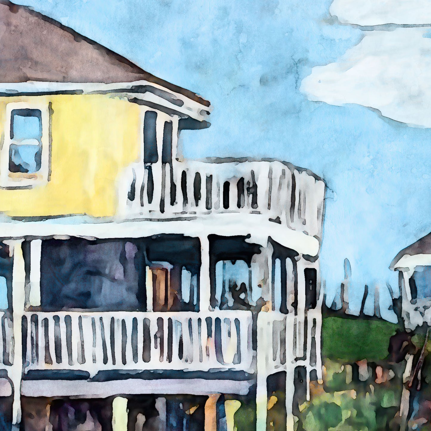 Close-up detail of a watercolor-style painting featuring a bright yellow beach house with white railings and wraparound porches under a blue sky with soft clouds.