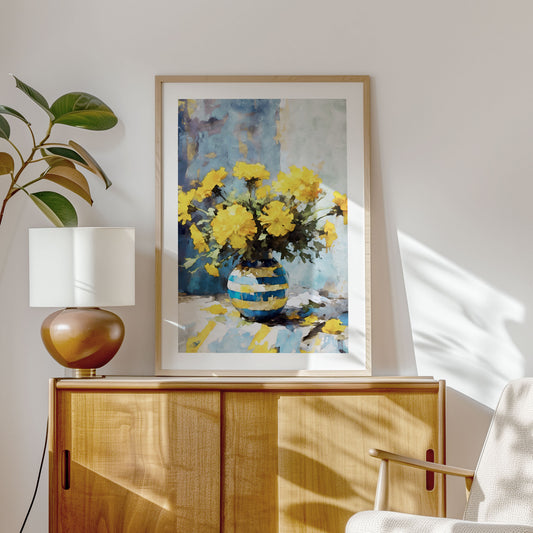Large framed watercolor painting of yellow marigolds in a blue and white striped vase, elegantly displayed on a wooden cabinet next to a plant and lamp in a sunlit room.