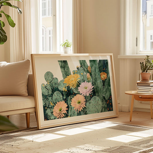 Large framed art print with watercolor-style cacti and blooming flowers in peach, pink, and yellow tones, leaning against a wall in a sunlit living room. The cozy space features a neutral sofa, potted plants, books, and a light wood coffee table, with natural light streaming through tall windows.