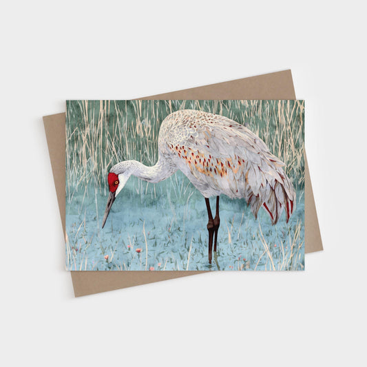 Watercolor illustration of a sandhill crane with a red crown and gray plumage, accented with russet tones. The bird stands in shallow blue water among tall reeds, its head lowered as if searching the marsh. The card is displayed with a brown kraft envelope beneath.