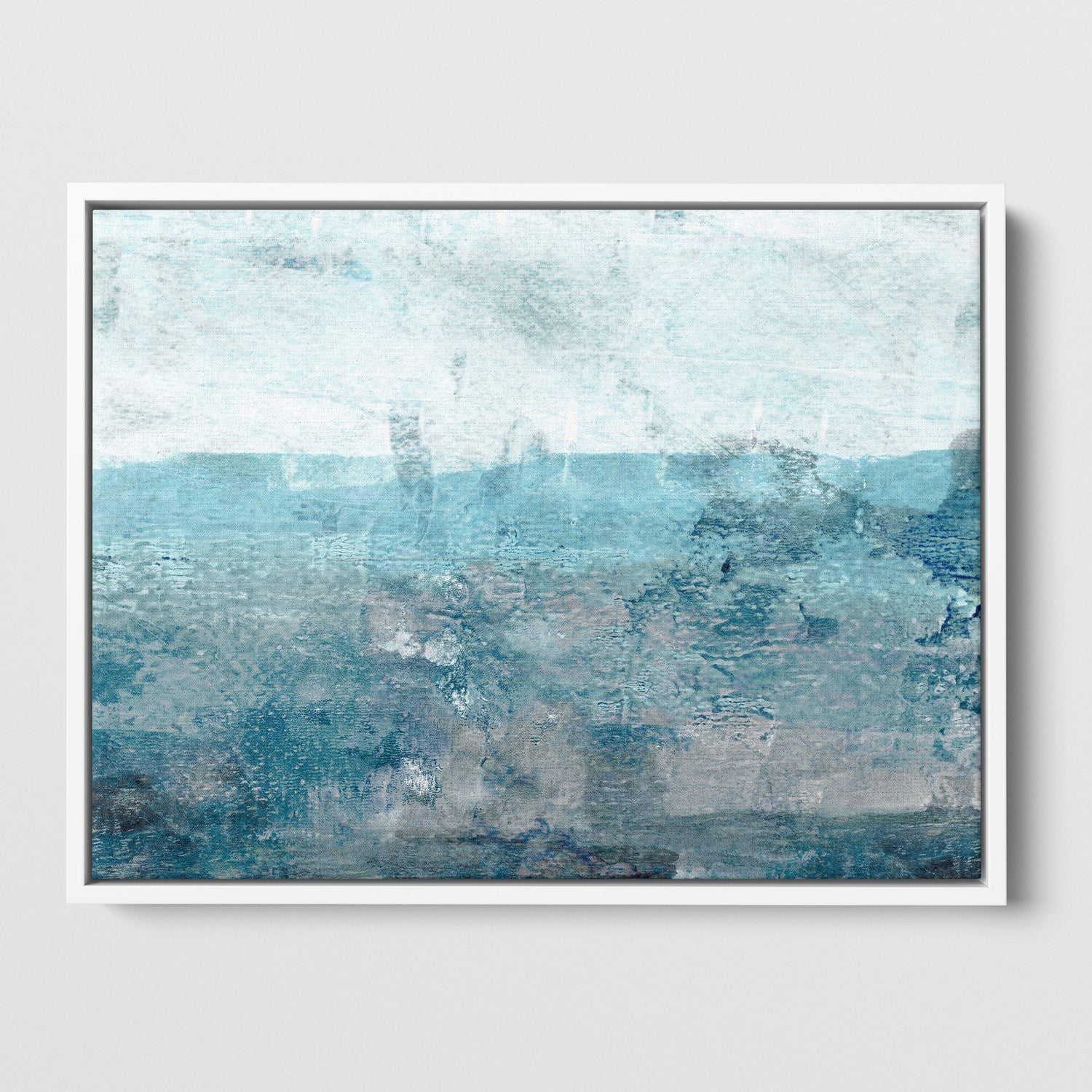 moody aqua blue and grey minimalist abstract seascape painting in horizontal format in slim white frame