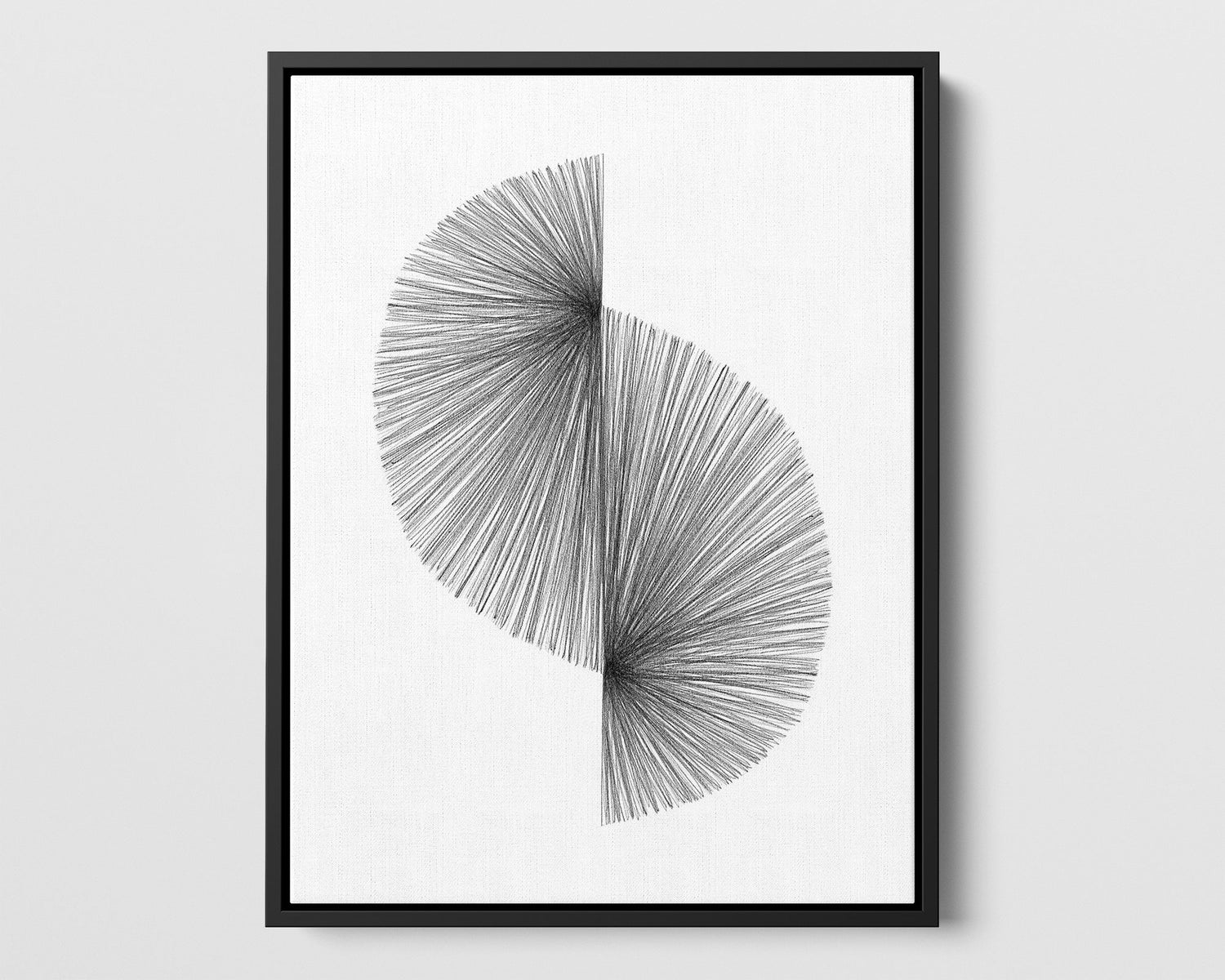 geometric abstract pencil drawing of a wave shape created with radiating lines on a white background in slim black frame