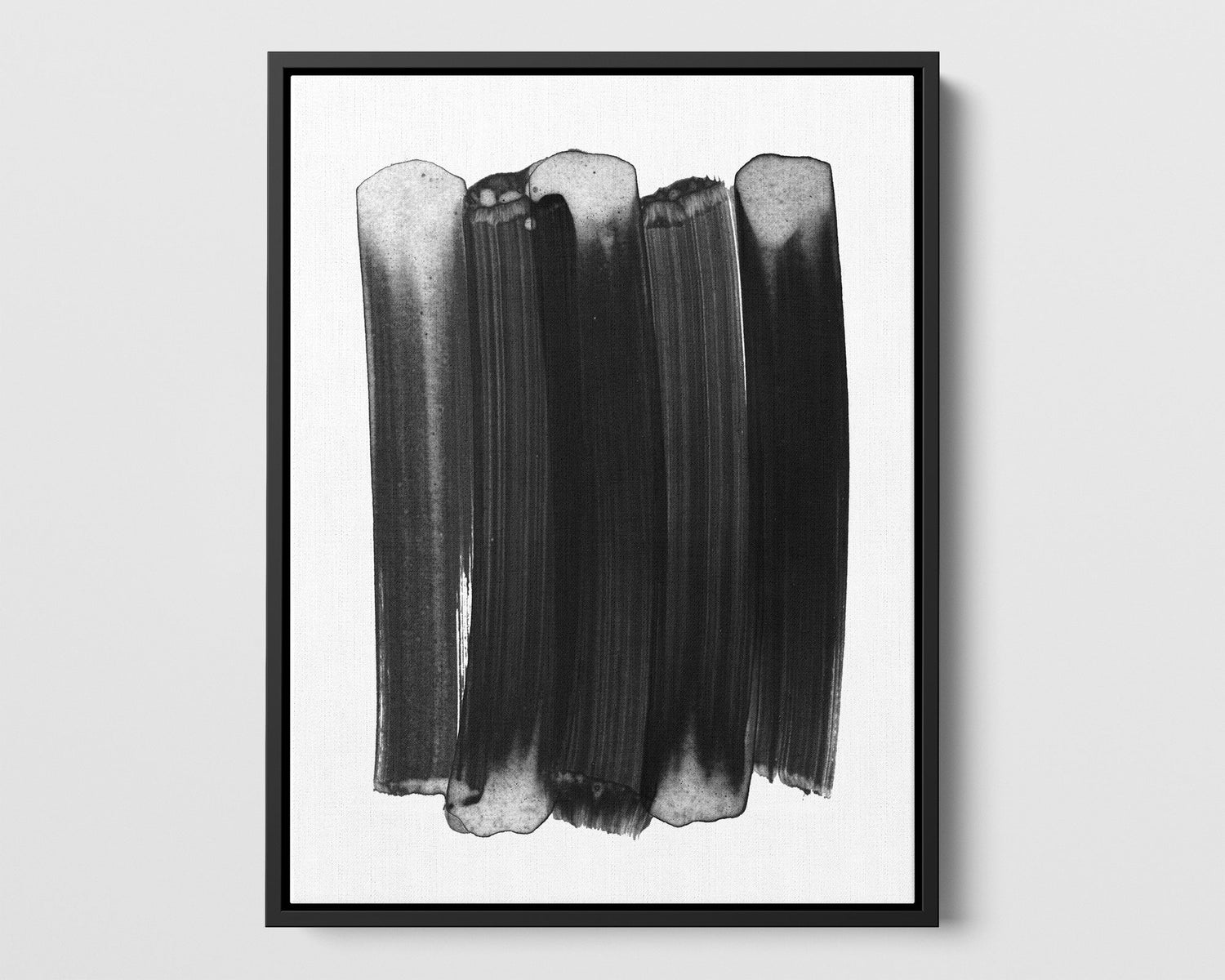 minimalist abstract painting of vertical black brushstrokes on a white background in a slim black frame