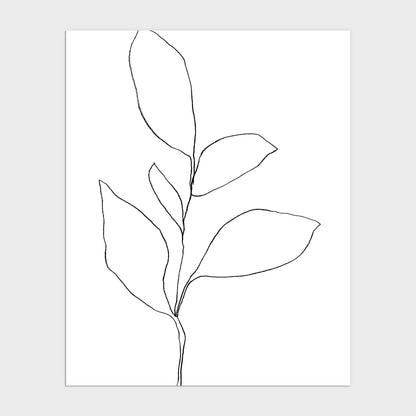 Five Leaf Plant Black and White Minimalist Botanical Line Drawing Print