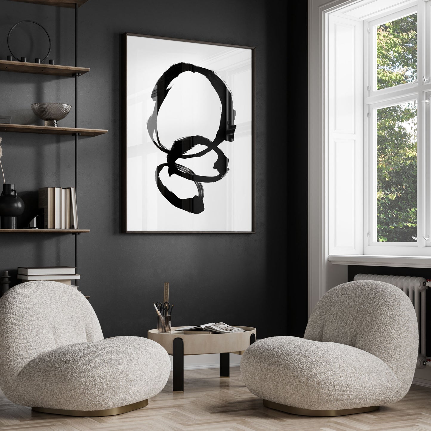 Black and White Rings Minimalist Abstract Ink Painting Print