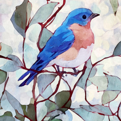 Close-up watercolor painting of a bluebird perched on thin red-brown branches with muted green leaves. The bird has vivid blue feathers, a warm peach chest, and a white belly, set against a softly blended background of pale blues, greens, and creams. The brushwork creates a delicate, luminous effect that evokes tranquility and natural beauty.