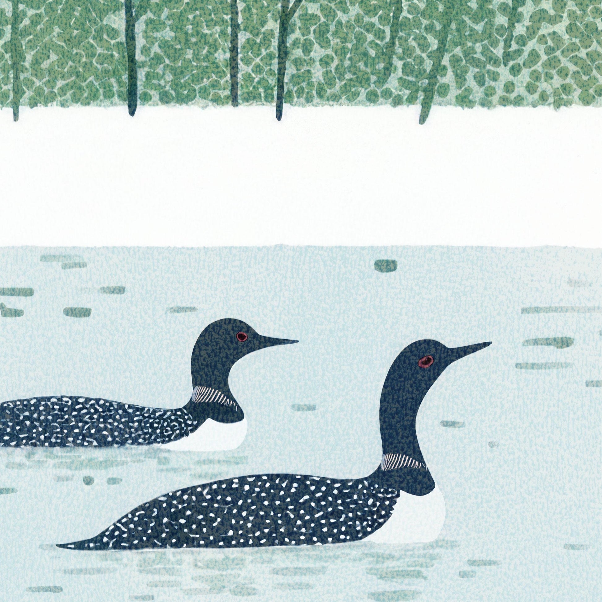Close-up of a textured art print featuring two common loons swimming on a calm lake. The birds have distinctive black-and-white plumage with fine detailing on their feathers and neck rings. The background shows a stylized forest of leafy green trees with visible brush-like marks, adding depth and a hand-painted quality to the scene.