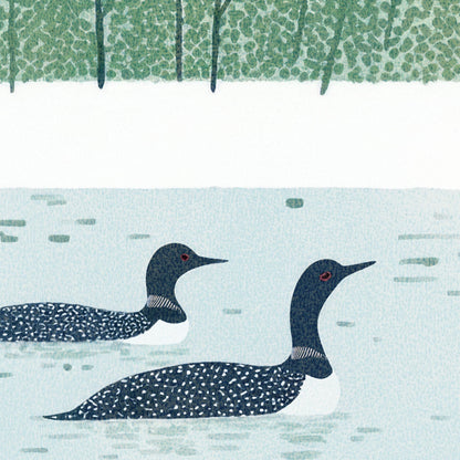 Close-up of a textured art print featuring two common loons swimming on a calm lake. The birds have distinctive black-and-white plumage with fine detailing on their feathers and neck rings. The background shows a stylized forest of leafy green trees with visible brush-like marks, adding depth and a hand-painted quality to the scene.