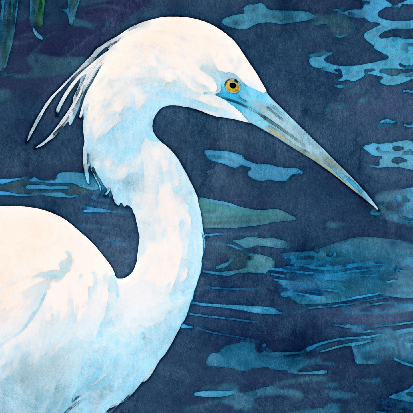 Close-up watercolor painting of a white egret with a long beak and golden eye, set against rippling deep blue water with layered brushstrokes suggesting movement and reflection.
