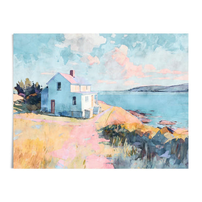 Watercolor painting of a coastal scene with a pale blue house on a grassy bluff overlooking the ocean. The path leading to the house is painted in warm peach and yellow tones, while the sea and sky are rendered in soft blues with touches of pink and lavender clouds. A distant shoreline completes the serene seaside landscape.
