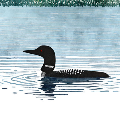 Close-up illustration of a common loon with striking red eye, black head, and patterned black-and-white body, floating on rippling blue water with forested shoreline faintly visible in the background.