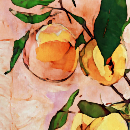 Close-up detail of a watercolor-style painting showing ripe peaches on branches with green leaves against a soft pink textured background. The brushwork highlights rich orange and yellow tones of the fruit with bold outlines, creating a vibrant and organic impression.