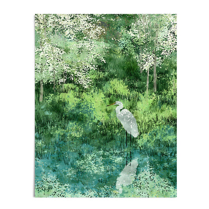 Unframed art print of a white egret standing at the edge of a reflective pond, illustrated in a soft watercolor style. The scene is rich with layered green grasses and blooming white trees, evoking the quiet beauty of a peaceful spring wetland.
