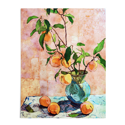 Still life painting of peaches in a blue glass vase with leafy branches, set against a textured pink background. Three peaches rest on a draped blue-and-white cloth at the base. The artwork uses bold outlines, vivid green leaves, and warm orange tones in a modern impressionist style.