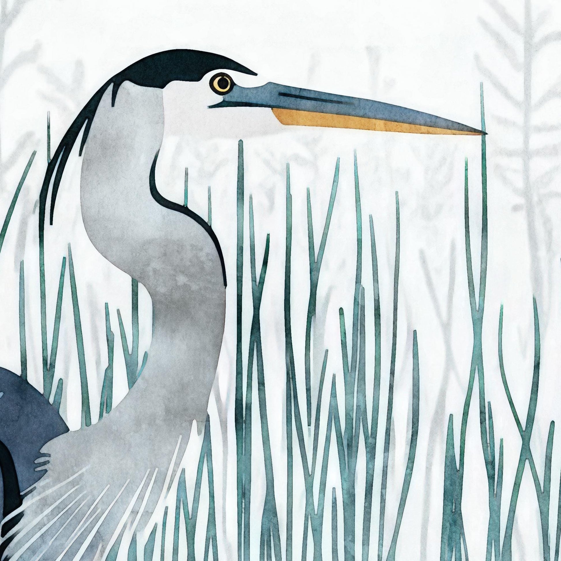Close-up of a watercolor-style illustration of a great blue heron, focusing on its head, beak, and upper body. The bird has a golden eye, a long blue-and-orange beak, and sleek black feathers atop its head. Tall, blue-green reeds surround the heron, creating a tranquil marsh setting with soft, layered botanical silhouettes in the background.