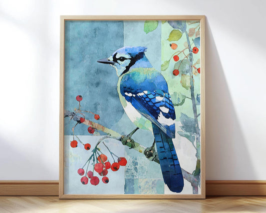 Watercolor-style art print of a blue jay perched on a branch with red berries, set against a soft geometric background of blue and green hues. The bird’s vivid cobalt and turquoise feathers contrast beautifully with the warm red berries and pale backdrop. Displayed in a light wood frame resting against a white wall on a hardwood floor, evoking a serene, nature-inspired atmosphere.