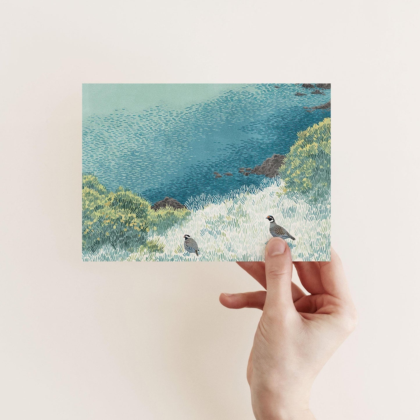 A hand holds a greeting card featuring an illustrated scene of two quail in a grassy coastal landscape. The background shows layered blue and green textures, suggesting sea and hillside foliage. The soft off-white backdrop enhances the artwork’s intricate detail.