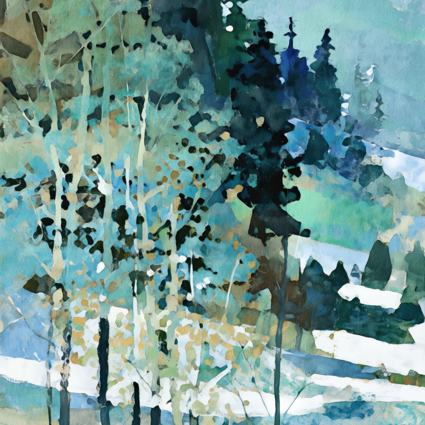 Close-up of a watercolor-style painting featuring slender birch trees with golden leaves and tall dark evergreens against snowy hills. The scene is rendered in layered shades of teal, green, blue, and white, with abstract brushstrokes that create a textured, modern impressionist effect.