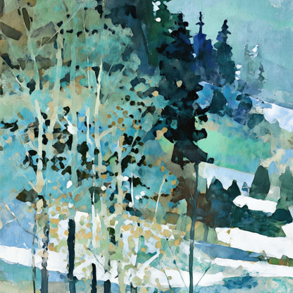 Close-up of a watercolor-style painting featuring slender birch trees with golden leaves and tall dark evergreens against snowy hills. The scene is rendered in layered shades of teal, green, blue, and white, with abstract brushstrokes that create a textured, modern impressionist effect.