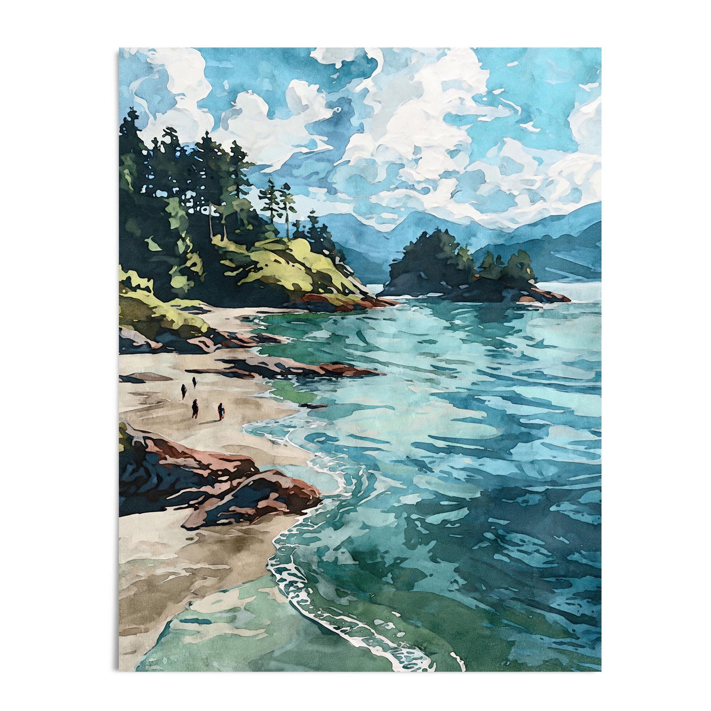 Watercolor-style art print of a coastal landscape featuring turquoise waves, sandy beach, rocky shoreline, and evergreen-covered cliffs under a bright sky with scattered clouds. Three small figures walk along the shore, adding scale to the serene seascape.