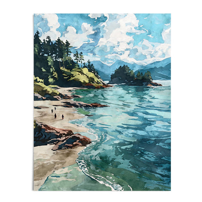Watercolor-style art print of a coastal landscape featuring turquoise waves, sandy beach, rocky shoreline, and evergreen-covered cliffs under a bright sky with scattered clouds. Three small figures walk along the shore, adding scale to the serene seascape.