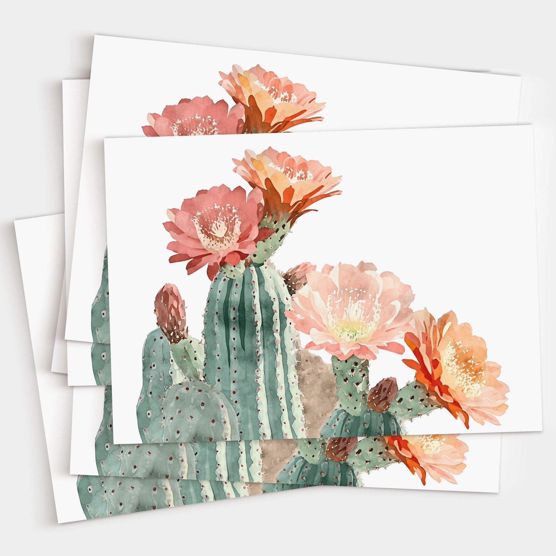 Set of greeting cards featuring a watercolor illustration of green cacti with large pink, peach, and orange flowers, displayed in a slightly fanned stack against a white background.