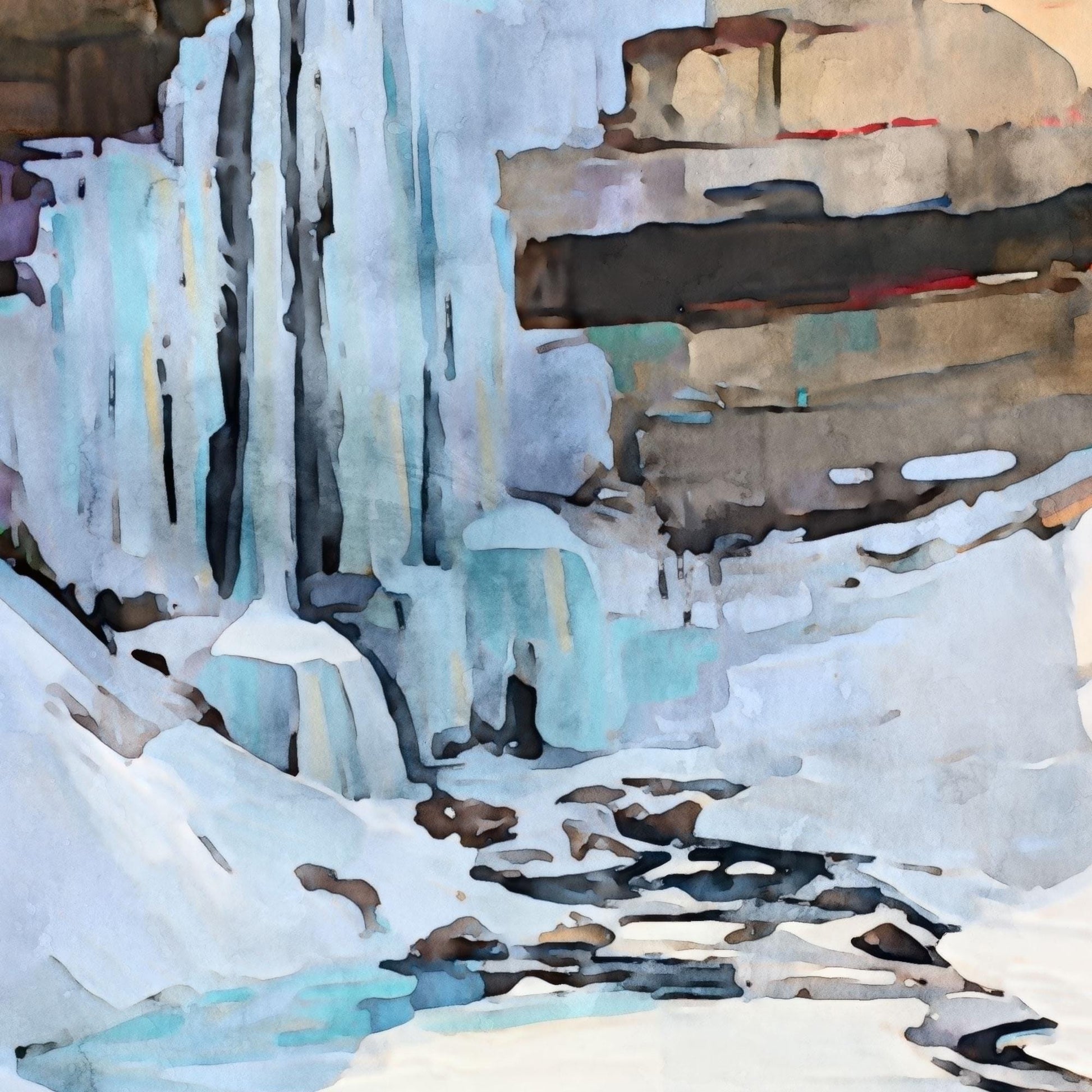 Close-up watercolor painting detail of a frozen waterfall cascading over rocky cliffs, with icy blue tones, snowy ground, and dark stream accents creating contrast