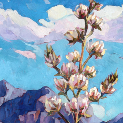 Close-up detail of a desert landscape painting showing creamy white yucca blossoms with hints of pink and gold against a vivid blue sky and soft lavender clouds, with distant purple mountains below. The brushwork is bold and painterly, emphasizing color and light in a modern impressionist style.