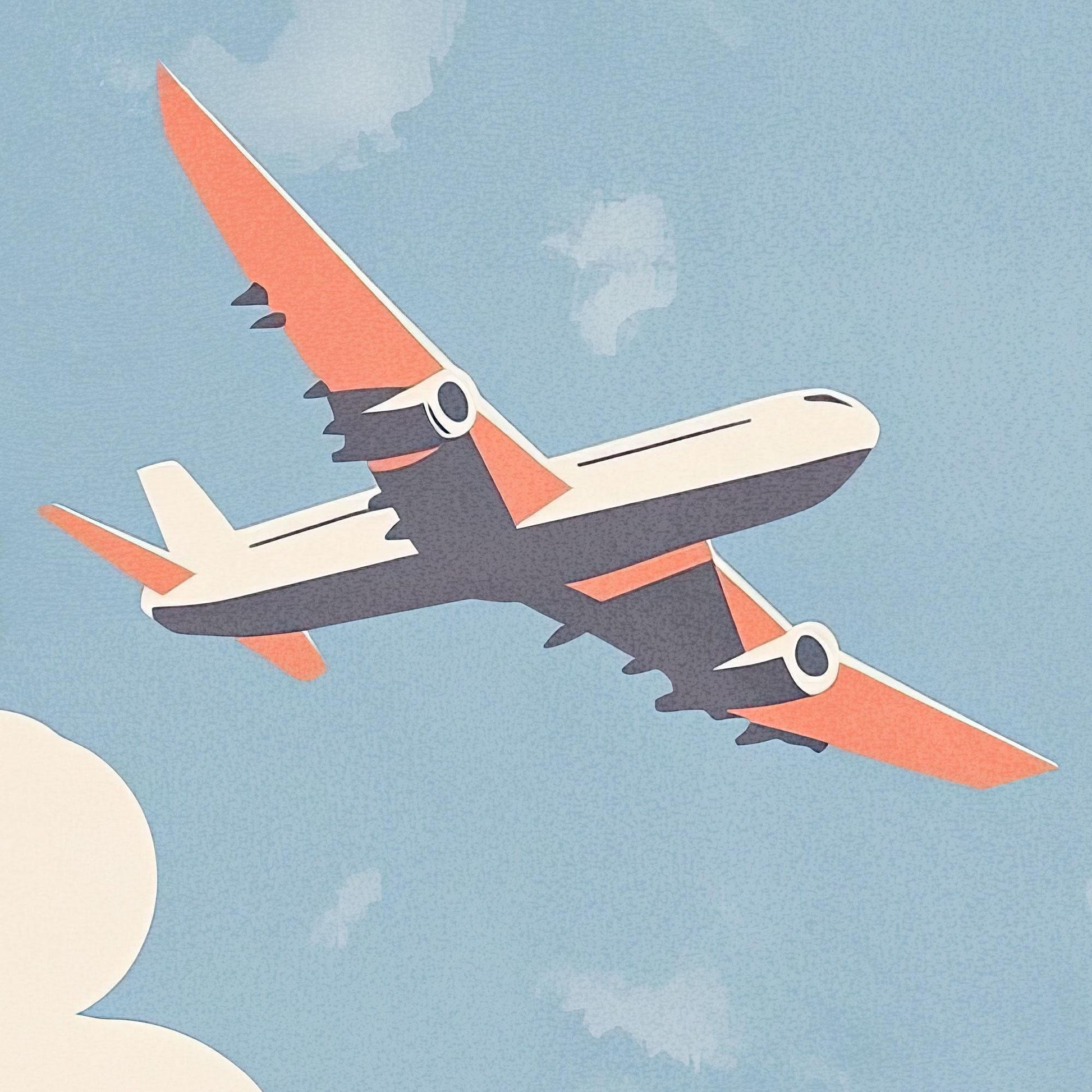 Close-up of a stylized illustration of a commercial airplane with cream and orange coloring soaring upward against a soft blue sky with subtle clouds, viewed from below with a slight tilt for a dynamic perspective.
