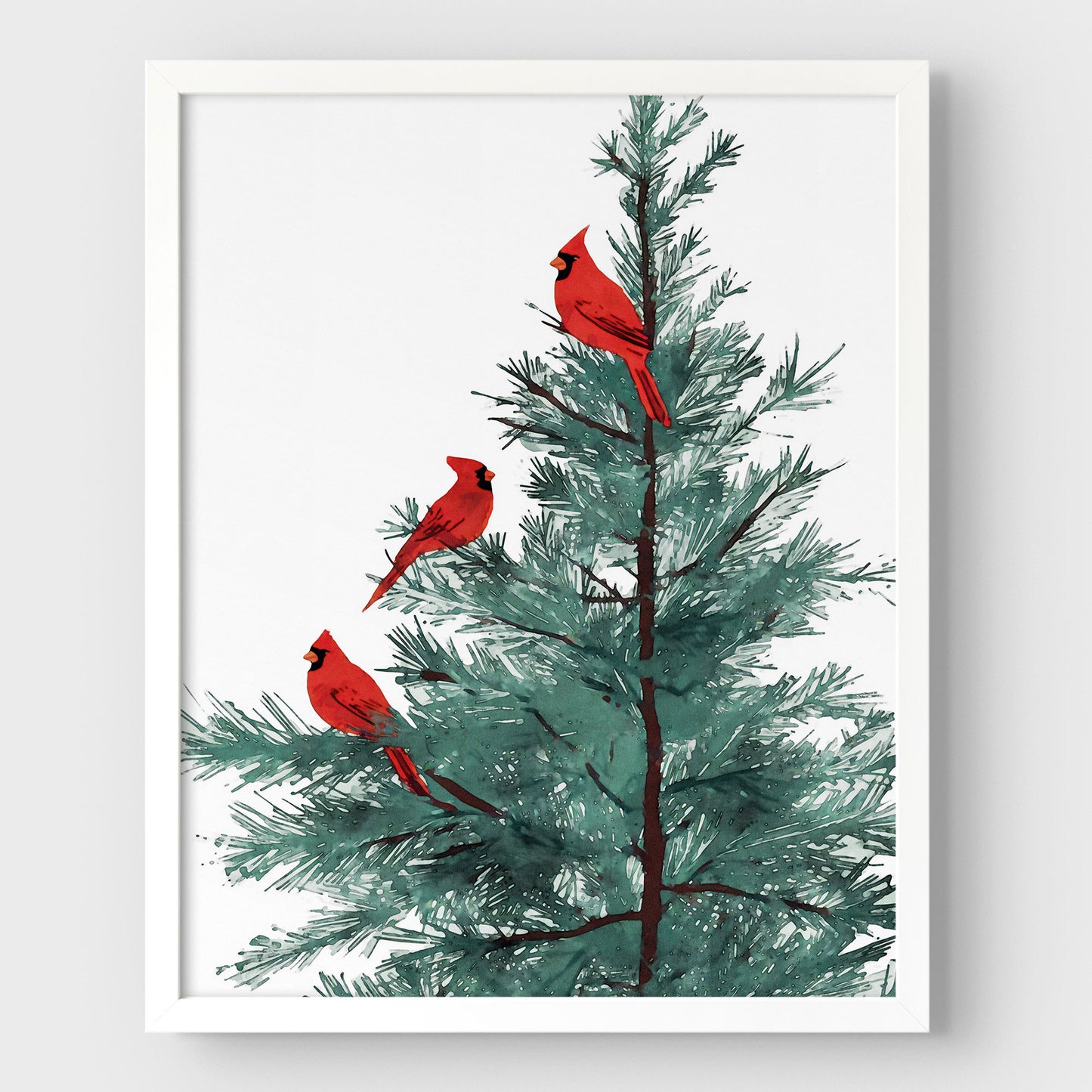 Three Red Cardinals in Pine Tree Art Print