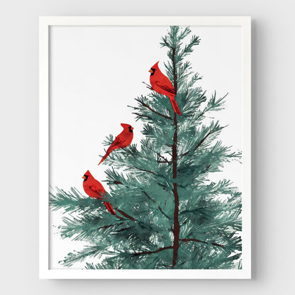 Three Red Cardinals in Pine Tree Art Print