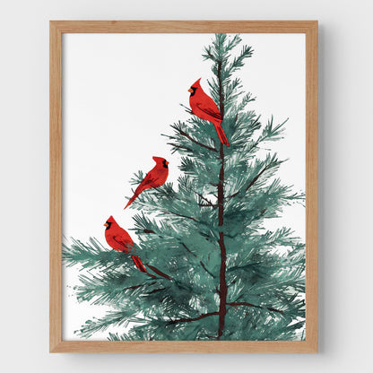 Three Red Cardinals in Pine Tree Art Print