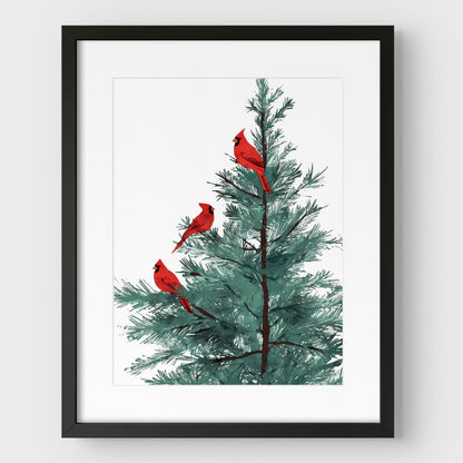 Three Red Cardinals in Pine Tree Art Print