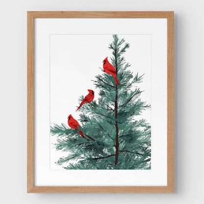 Three Red Cardinals in Pine Tree Art Print