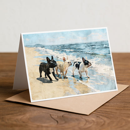 Three French Bulldogs beach note card styled on a tabletop with a cheerful coastal dog theme.