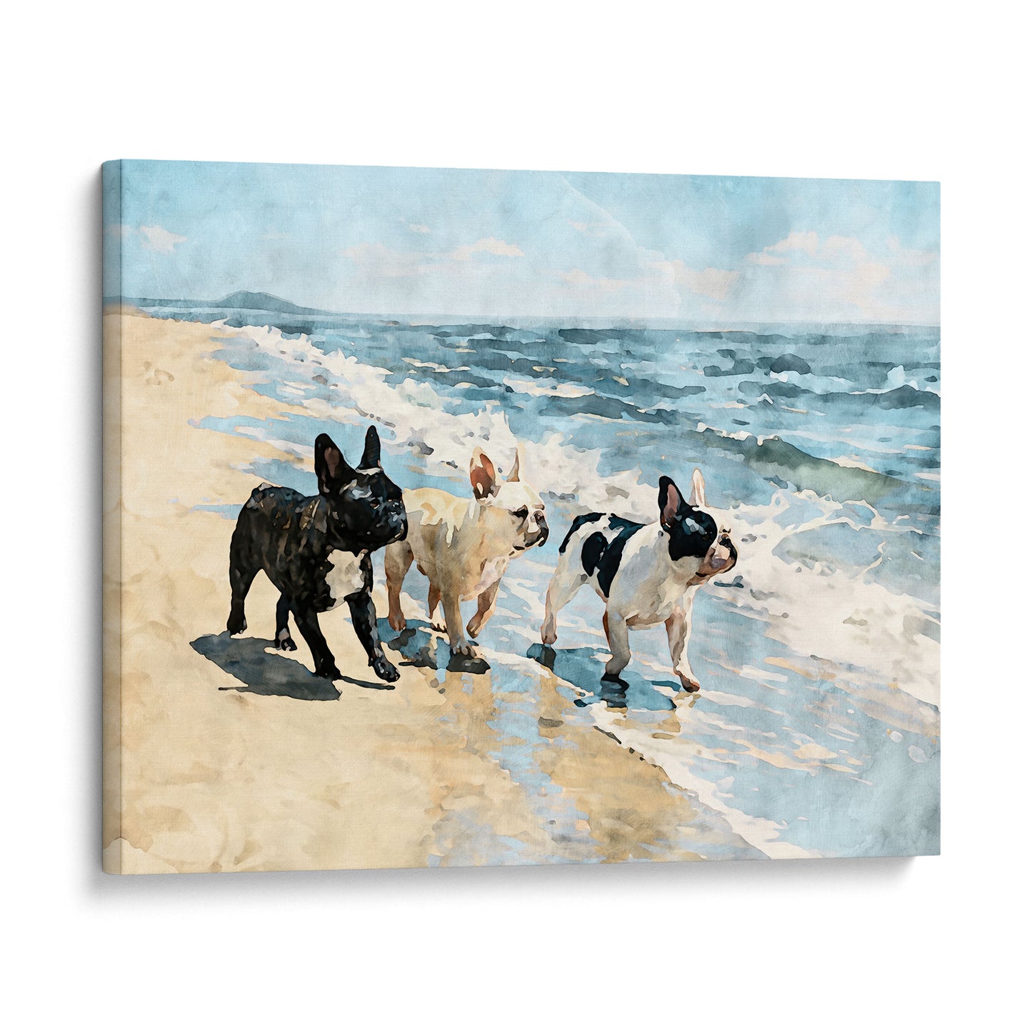 Gallery wrap canvas of three French Bulldogs walking on a beach with blue ocean waves, white surf, and tan sand.