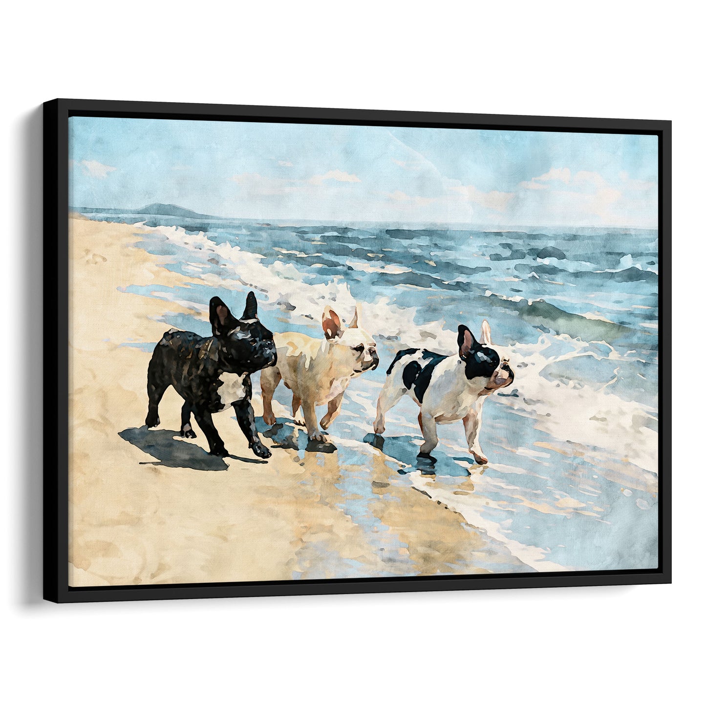 Black float framed canvas showing three French Bulldogs on a beach in soft digital watercolor style.