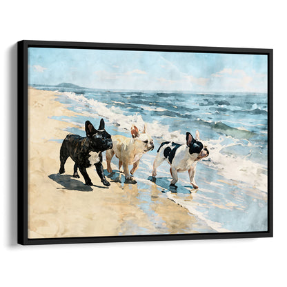 Black float framed canvas showing three French Bulldogs on a beach in soft digital watercolor style.