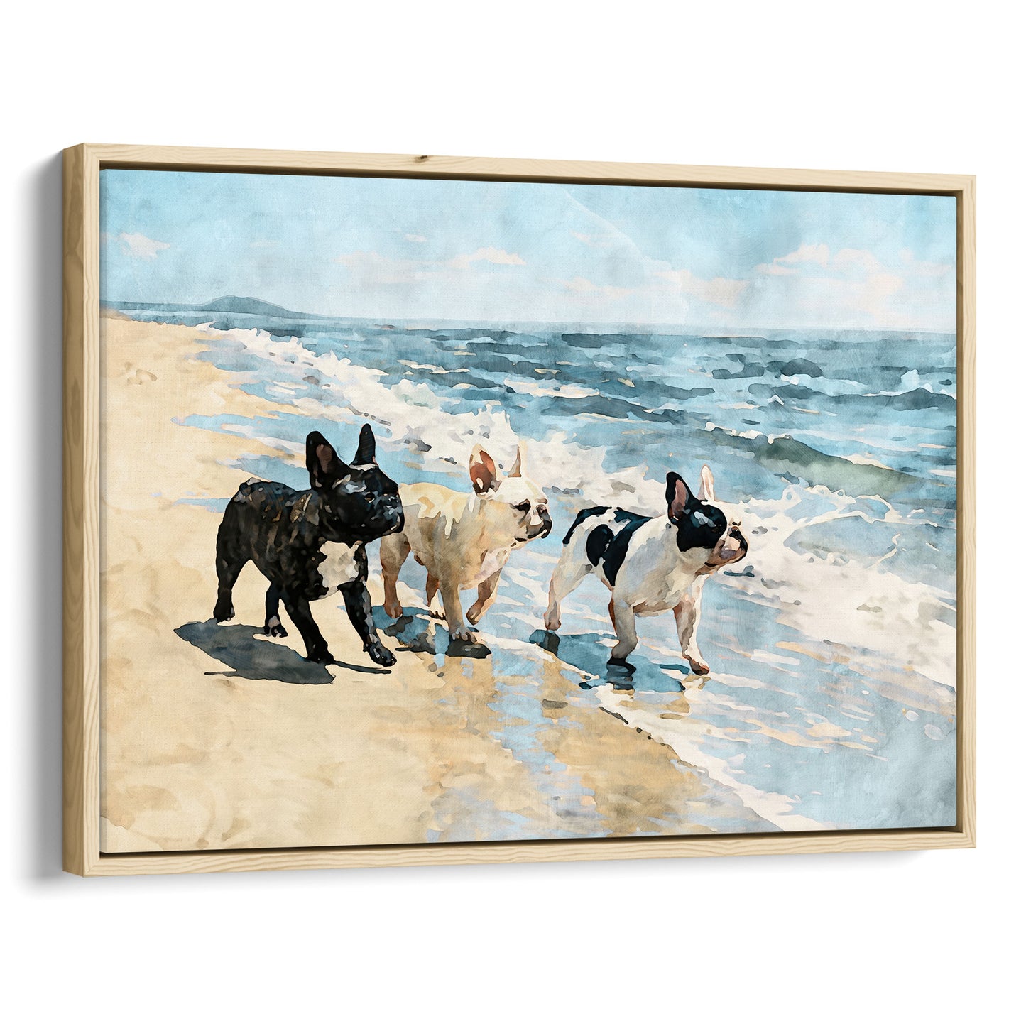 Natural wood float framed canvas featuring three French Bulldogs by the ocean in a coastal watercolor style.